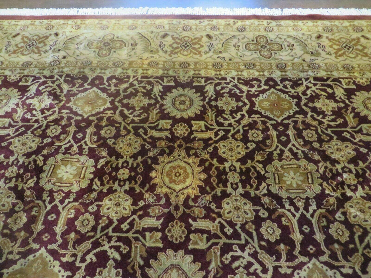 USED Indian Agra Rug 10x14 Vintage Handmade Larastan Wool Carpet Maroon Floral