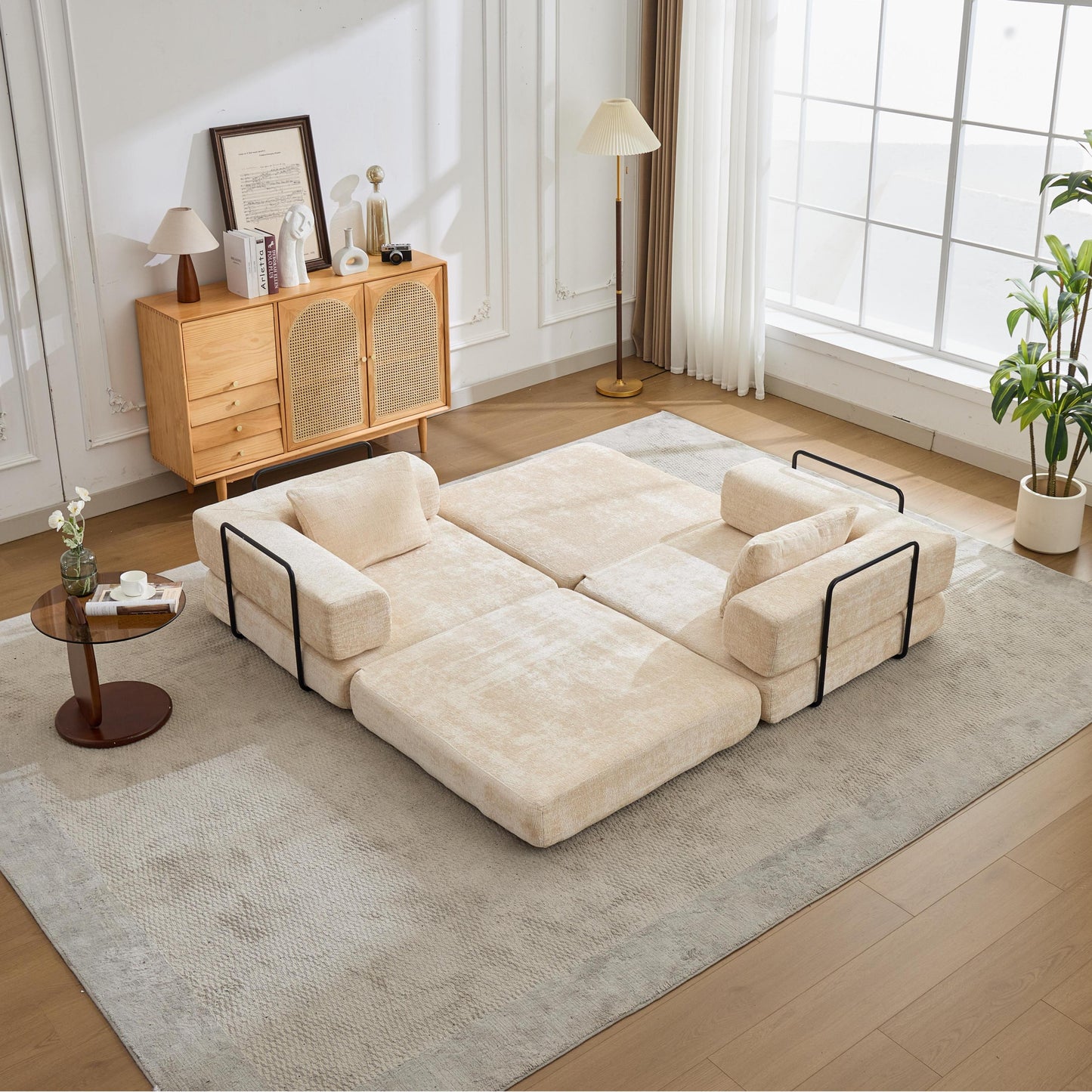 NEW Compression Convertible Floor Fixed-Shape Frame Loveseats Boneless Modular Sectional Sofa Bed in Beige Chenille Fabric