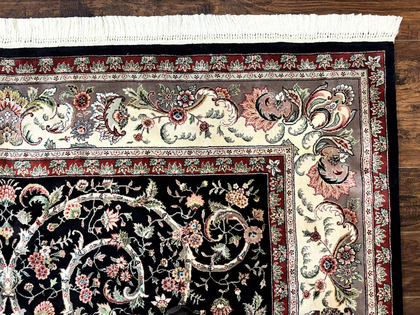 USED Black Pak Persian Rug 8x11, Floral Pattern, Hand Knotted Vintage Wool Rug with Silk Highlights, Fine 200 KPSI