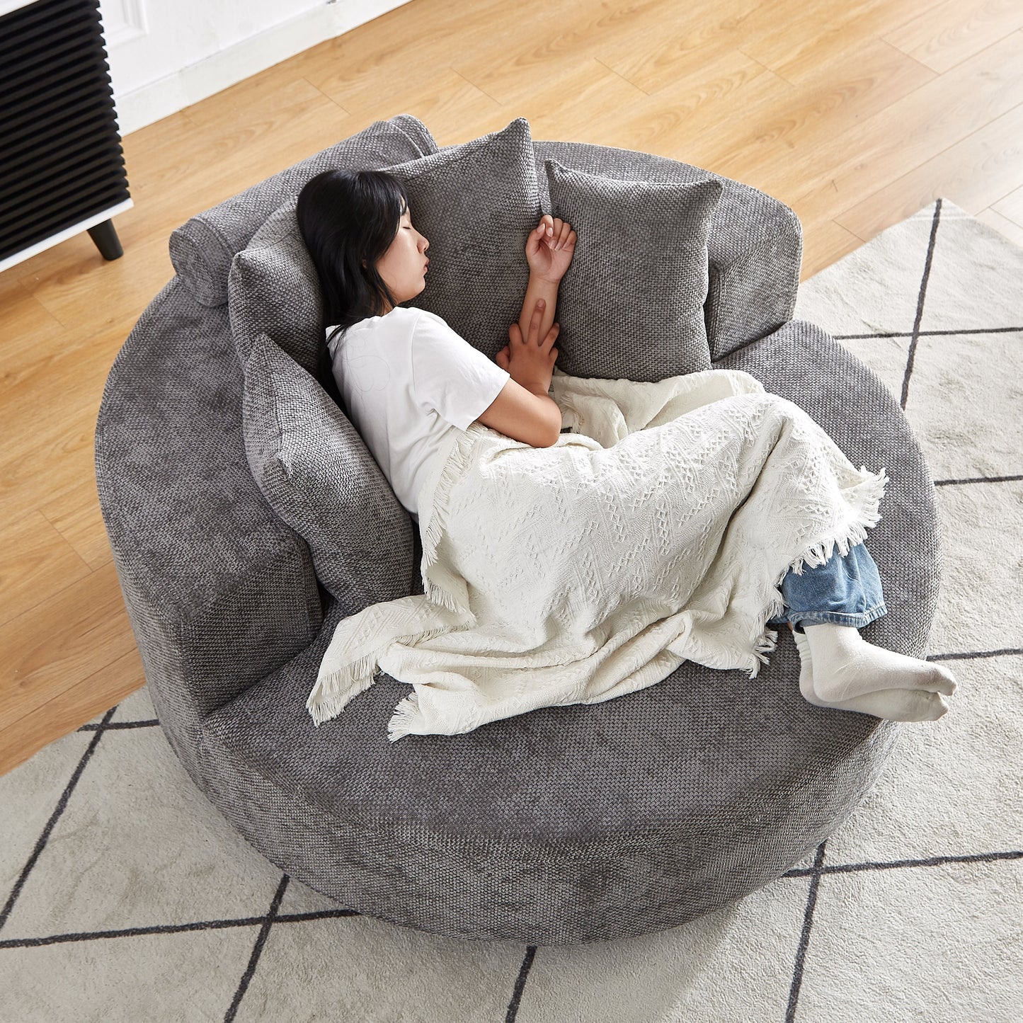 NEW 55''L Chenille Foam Single Swivel Fluffy Modern Sleeper 360 Degree Swivel Chair