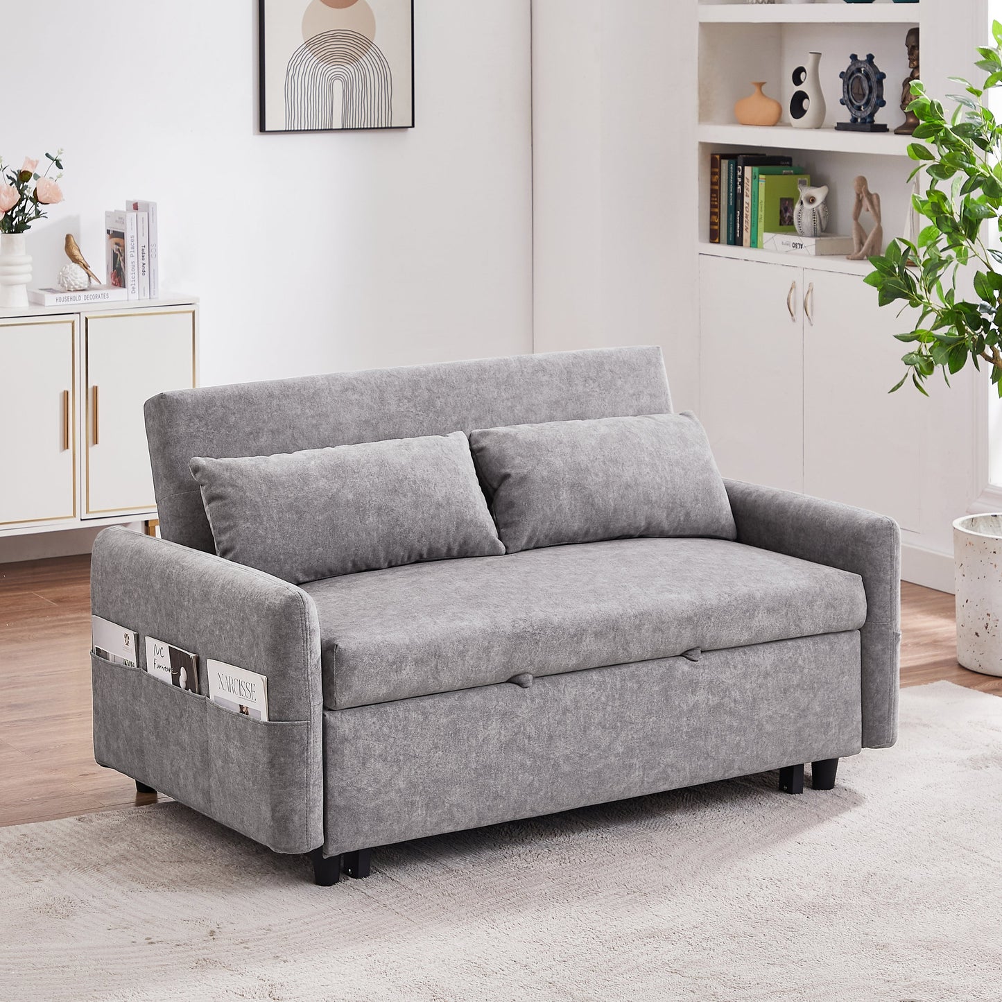 NEW Contemporary Grey Pull Out Sleep Sofa Bed Loveseat with Adjustable Backrest Storage Pockets USB Ports and 2 Soft Pillows