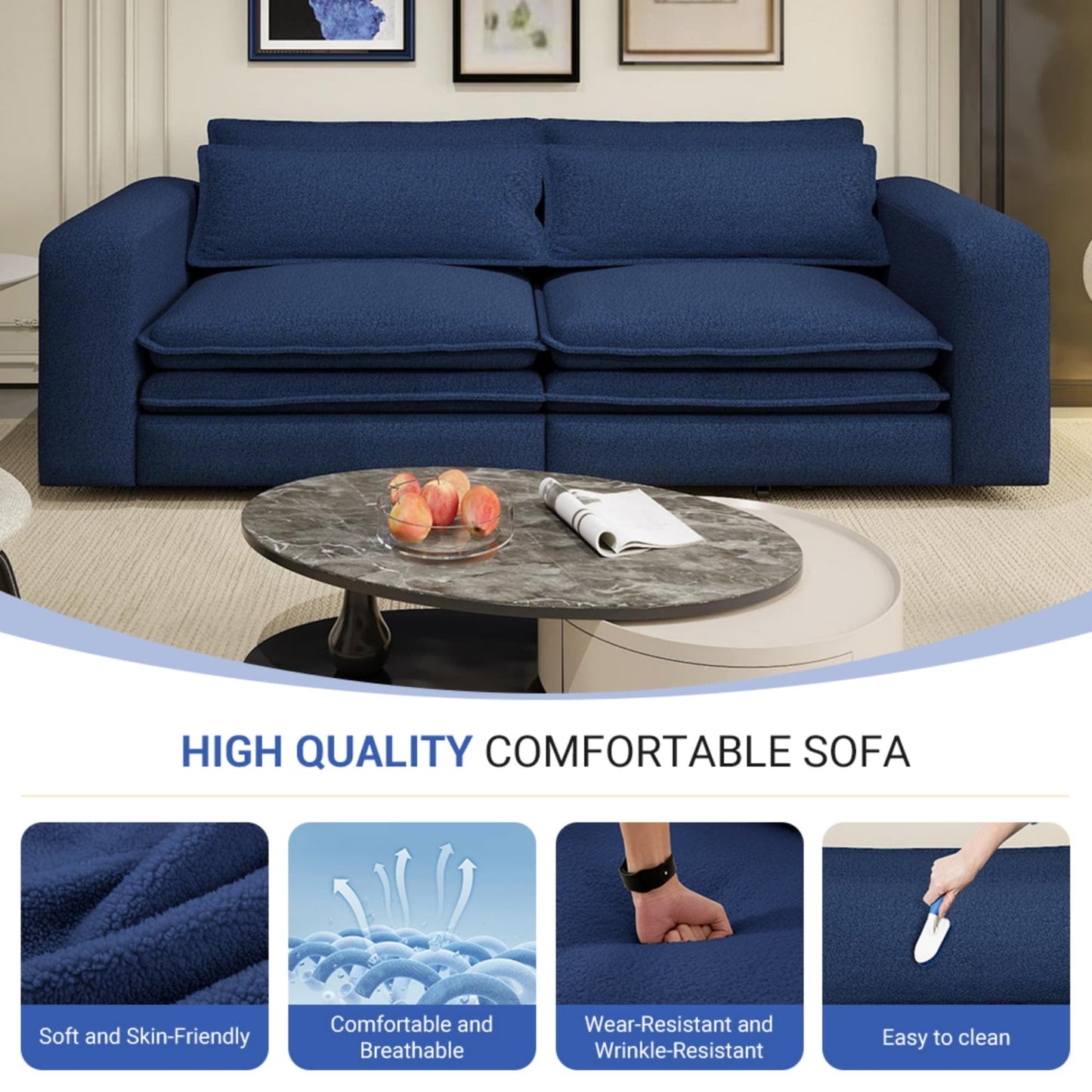 NEW 93' King Size Sleeper Sofa Bed, Pull Out Sofa Bed, 3 in 1 Convertible Sleeper Sofa, Chaise Lounge,3 Seat Teddy Couch with 2 Lumbar Pillows for Living Room, Apartment, Office, Studies,Blue