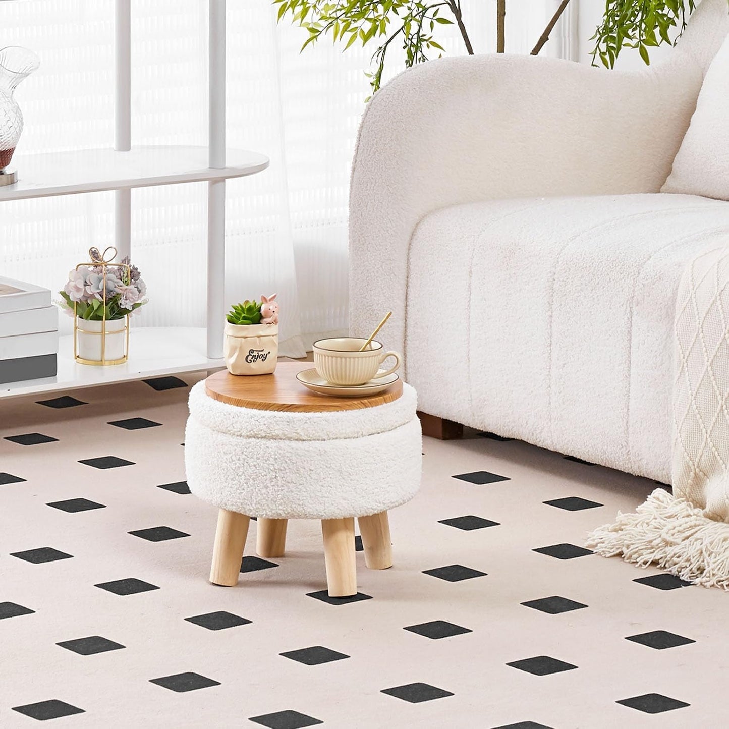 NEW Cream Velvet Round Storage Ottoman With Solid Wood Legs