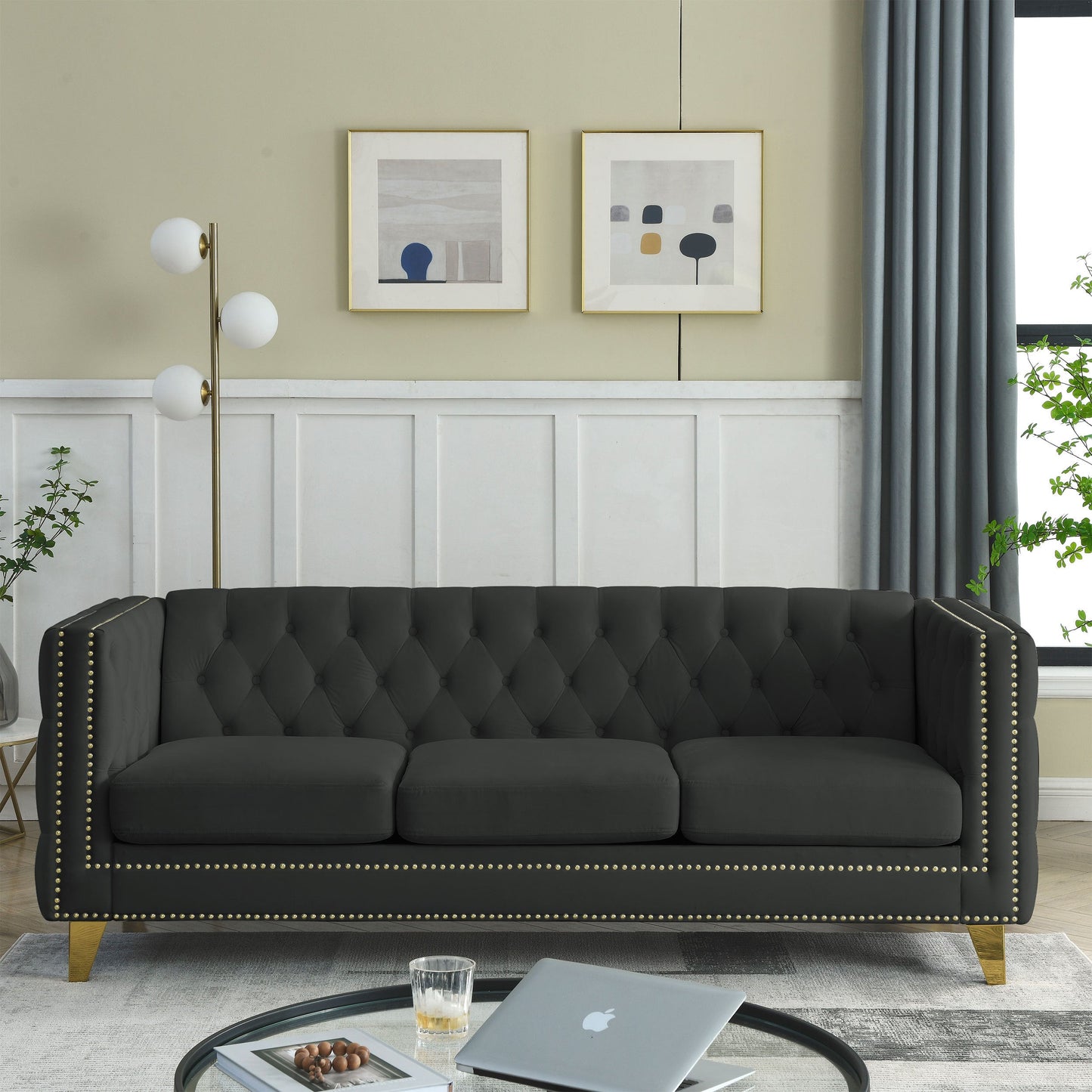NEW Black Velvet Tufted Button Square Arm Modern Couch Sofa with Metal Legs