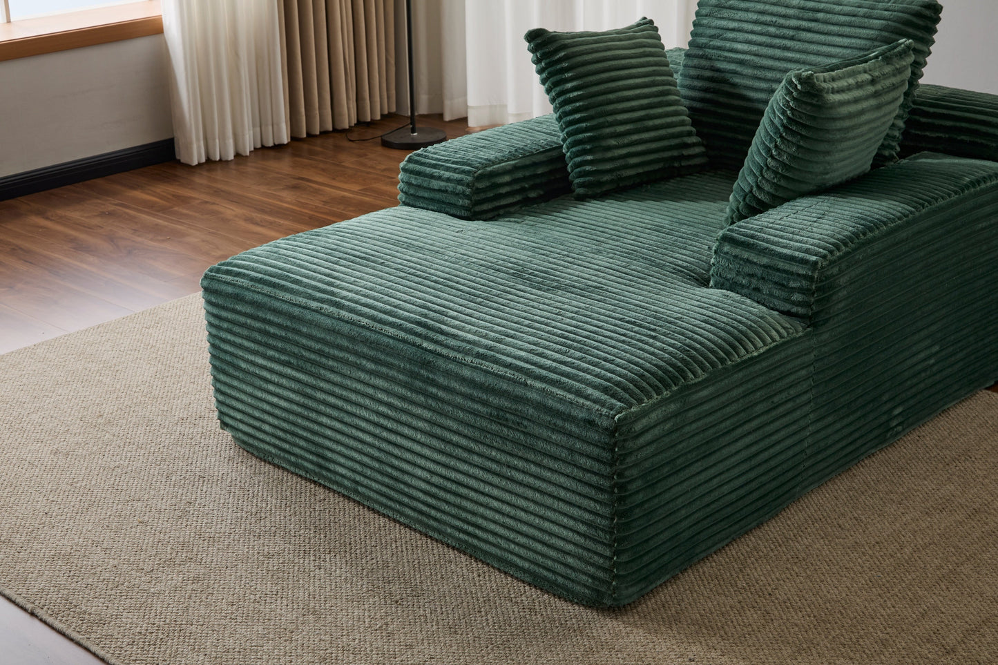 NEW Oversized Chaise Lounge Chair Cozy Cloud Couch Modern Plush Green Corduroy Upholstered Sleeper Sofa Daybed with 3 Throw Pillows and Wide Armrest