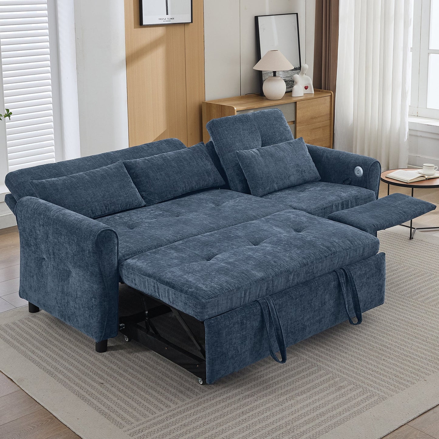 NEW 2-in-1 Sofa 82' Three-seater Sofa with Sofa Bed and Reversible Recliner, Blue Chenille