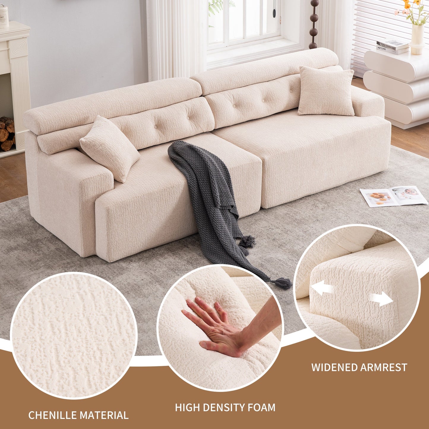 NEW LY-029 Apricot Compression Sofa 4-seater Wood Grain Chenille Fabric Couch with Two Pillows