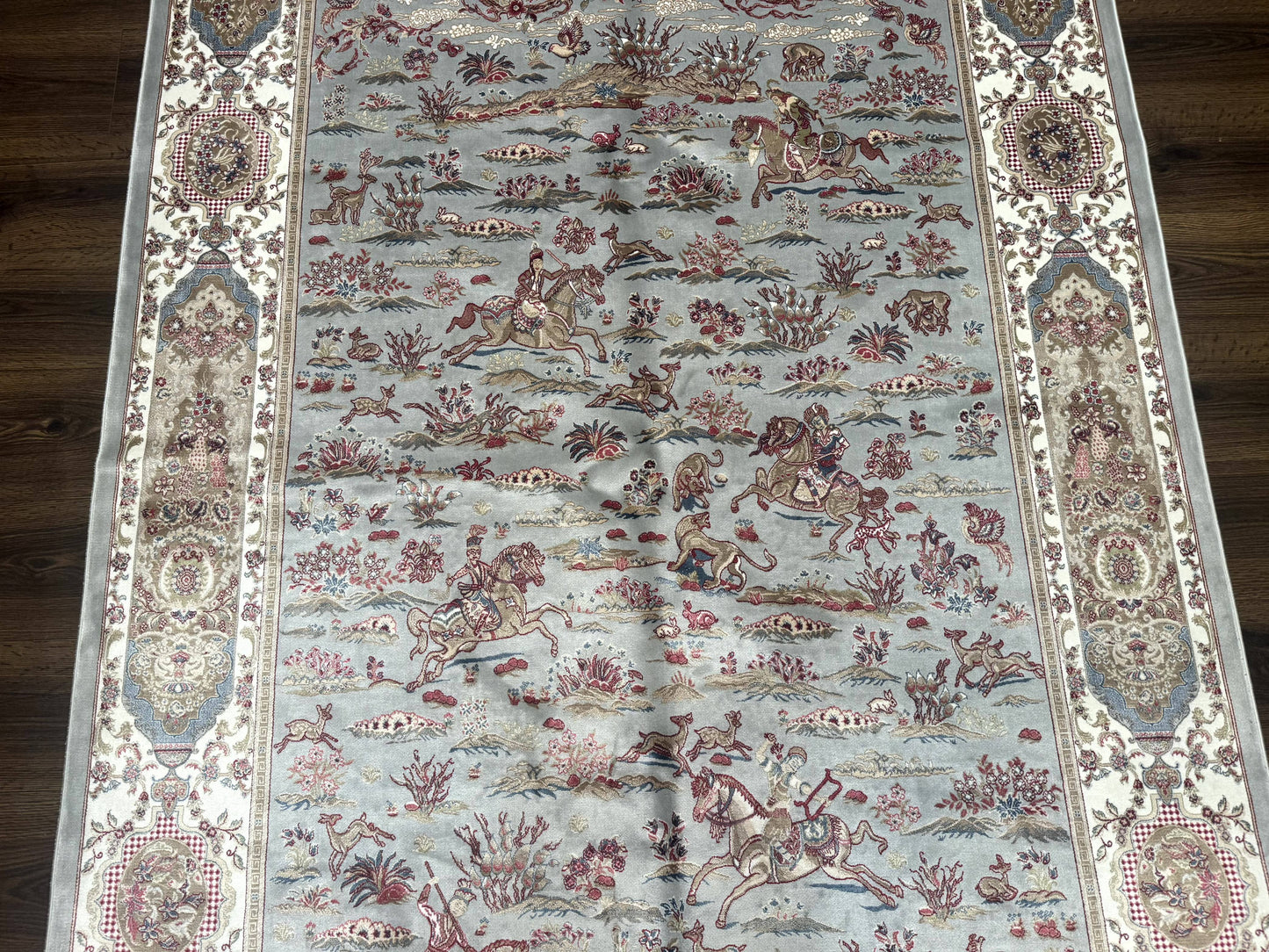 USED Turkish Silk Rug 5x7, Hunting Design, Animal Pictorials, Bamboo Silk