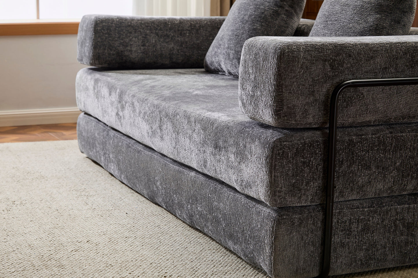 NEW Floor Couch,Compression Sofa,Convertible Floor Sofa Bed-with Pillow Back Support Armrest,Comfy Futon Couch Lounge Sleeper Bed,Chenile fabric,for Living Room Bedroom (DARK-GREY)