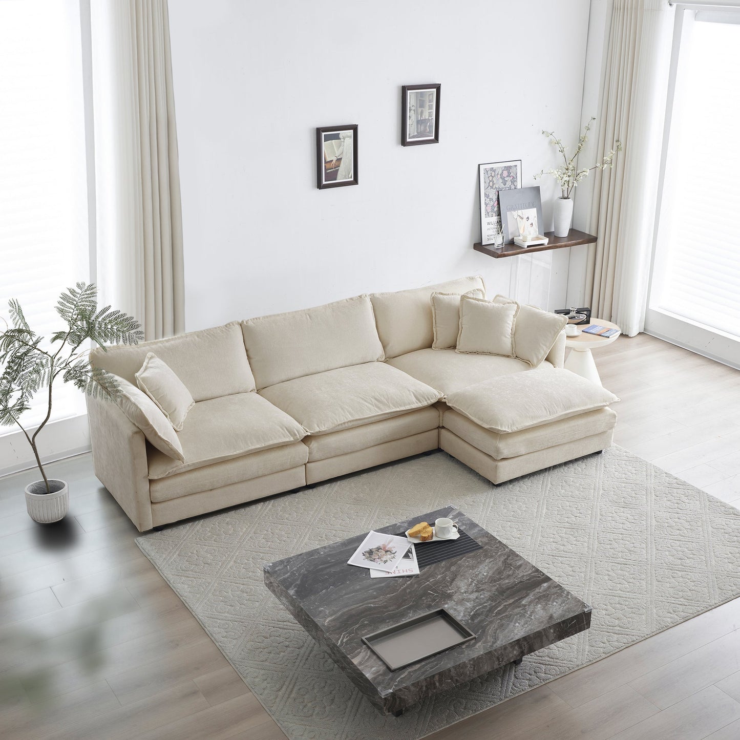 NEW Beige Chenille Free Combination Comfy Upholstered Modular Oversized L Shaped Sectional Sofa With Reversible Ottoman