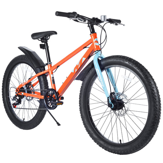 NEW 24 Inch Bicycles , Fat Tire Mountain Bike for Boys and Girls Age 10 + Years ,Dual-Disc Brake,Shimano 7-Speed ,Kids Beach and Snow Bicycle