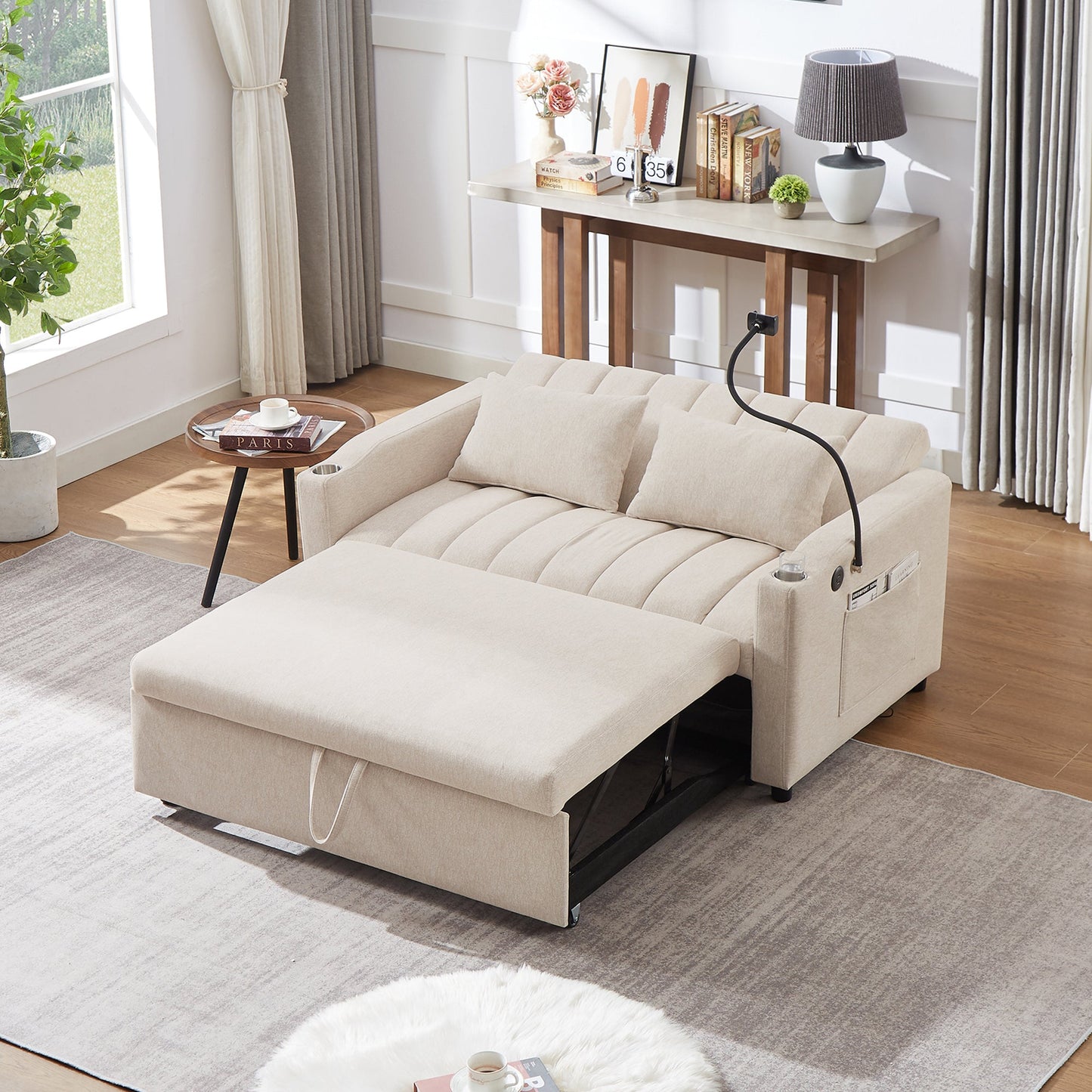 NEW Beige Bella Fabric Convertible Sofa Bed Loveseat