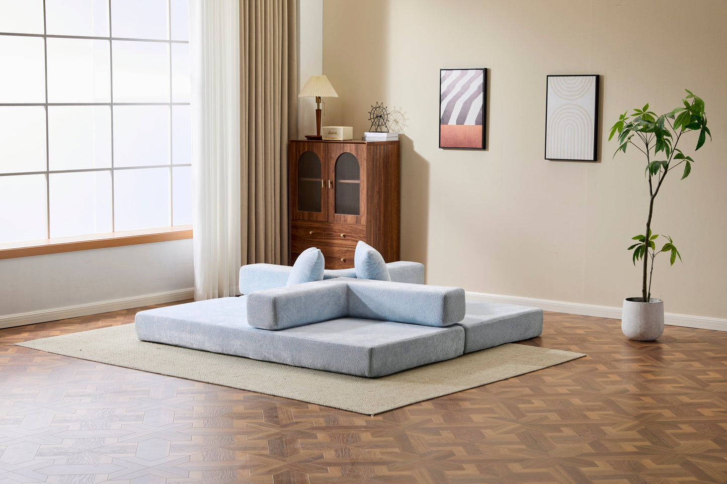 NEW Light Blue Chenille Fabric Floor Couch Compression Convertible Sofa Bed with Pillow Back Support Armrest Comfy Futon Couch Lounge Sleeper Bed