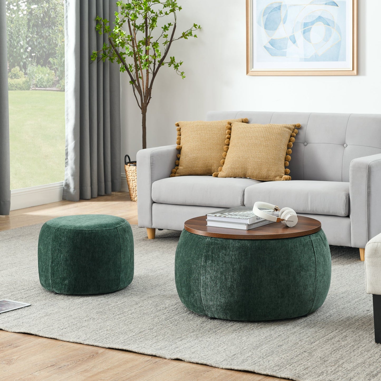 NEW Modern Classic Round Storage Ottoman Coffee Table with Removable Top
