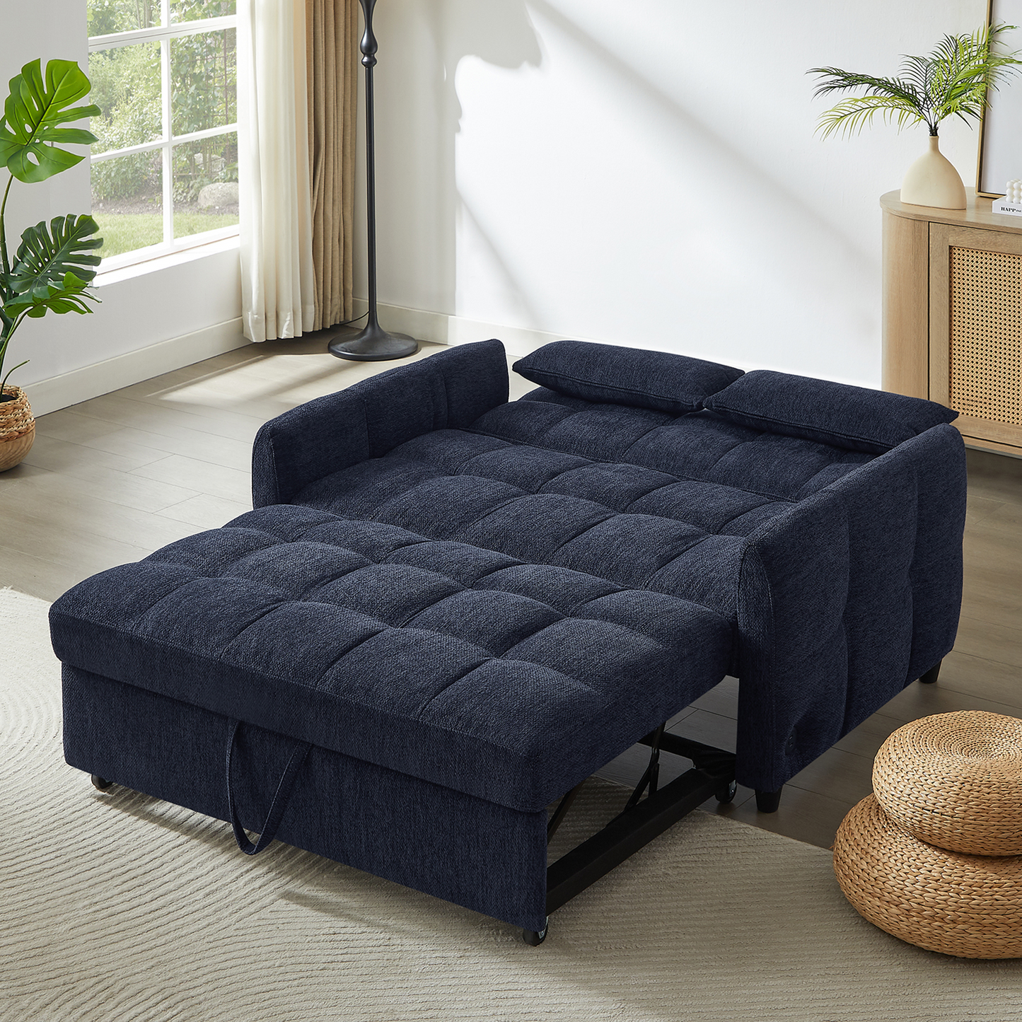 NEW Modern Loveseat Sofa Pull-out Bed with Adjustable Backrest, USB Ports, Lumbar Pillows, Blue Chenille, 52.8'