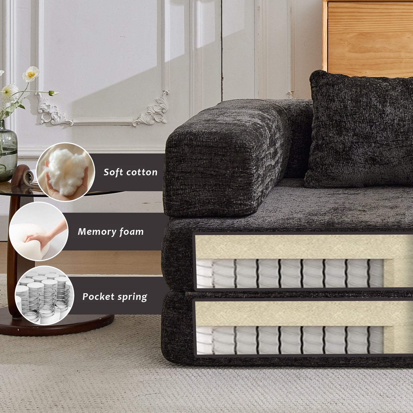 NEW Compression Black Chenille Fabric Convertible Single Seater Boneless Modular Sectional Sofa with Fixed-Shape Frame