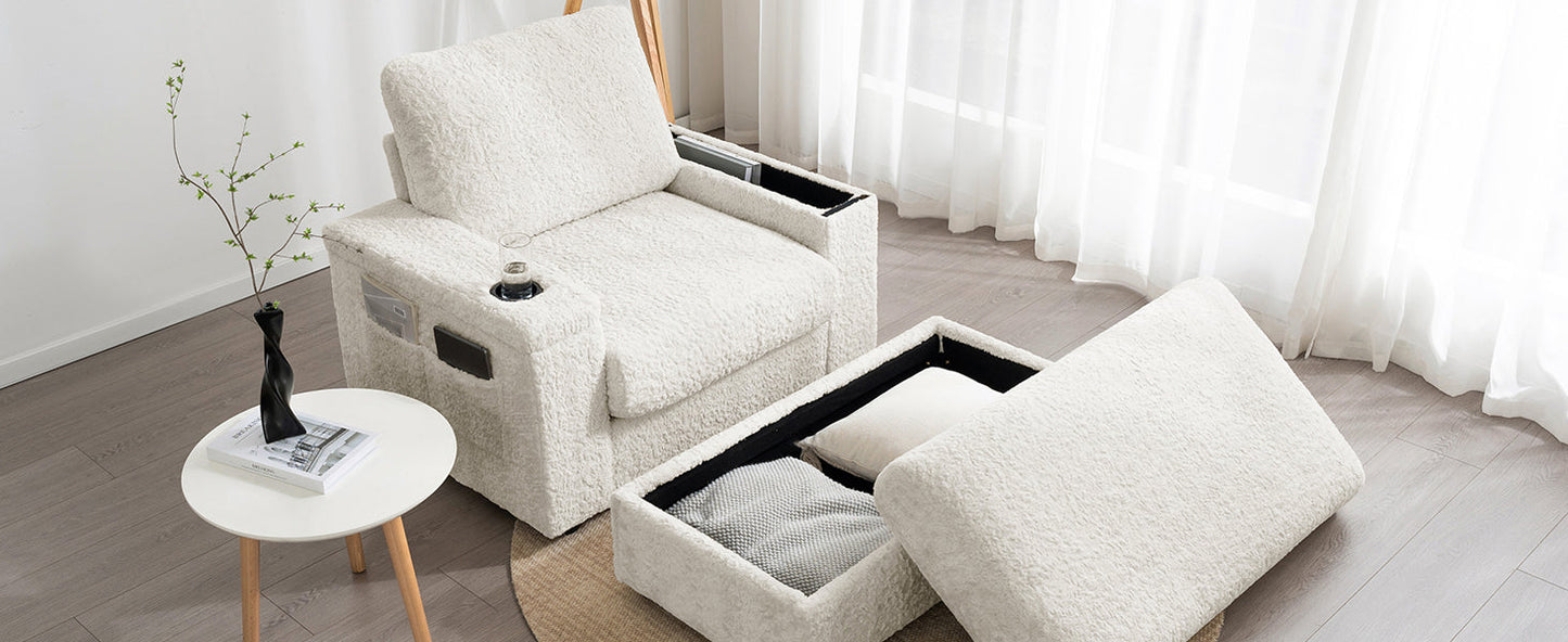 NEW Luxurious Faux Rabbit Fur Oversized Chaise Lounge Sofa Bed with Storage Ottoman Armrests and Cup Holders