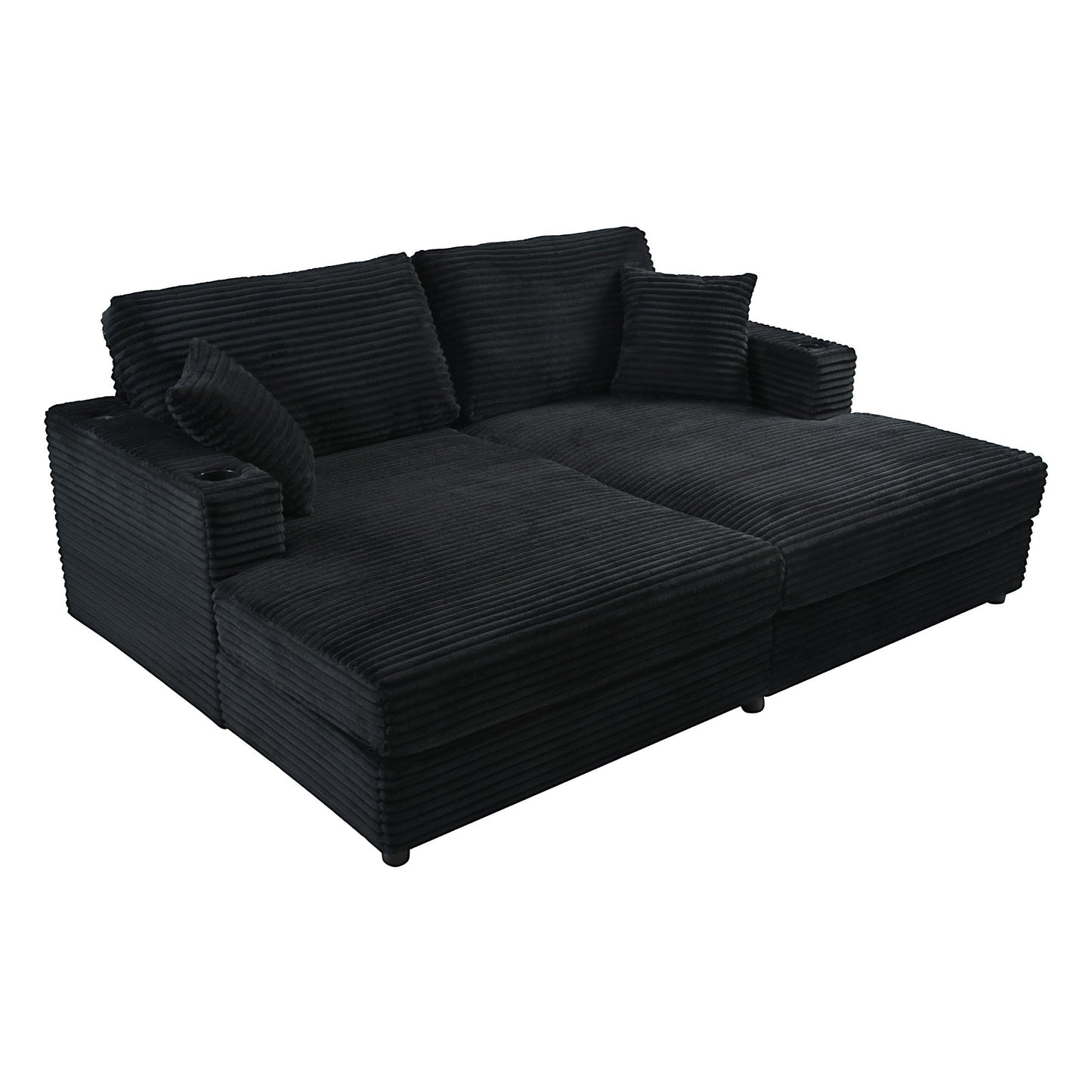 NEW Black Corduroy Oversized Loveseat Chaise Lounge Sectional Sofa Bed with USB Ports Cup Holders and Pillows