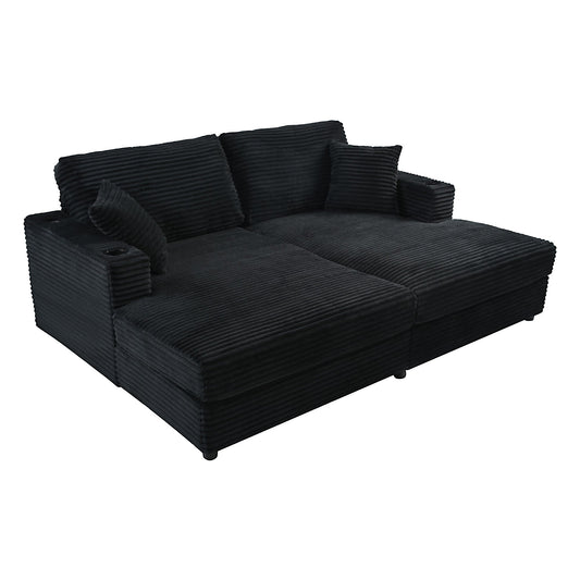 NEW Black Corduroy Oversized Loveseat Chaise Lounge Sectional Sofa Bed with USB Ports Cup Holders and Pillows