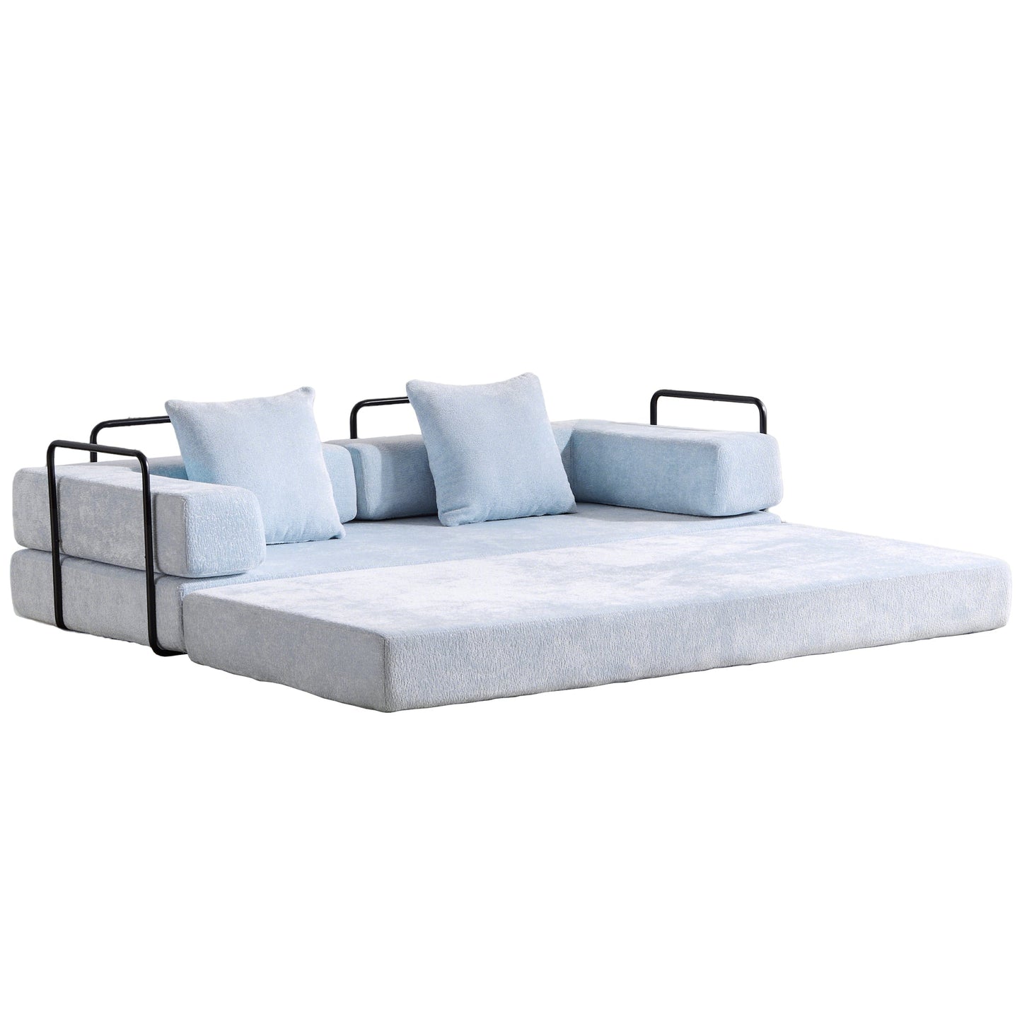 NEW Light Blue Chenille Fabric Floor Couch Compression Convertible Sofa Bed with Pillow Back Support Armrest Comfy Futon Couch Lounge Sleeper Bed