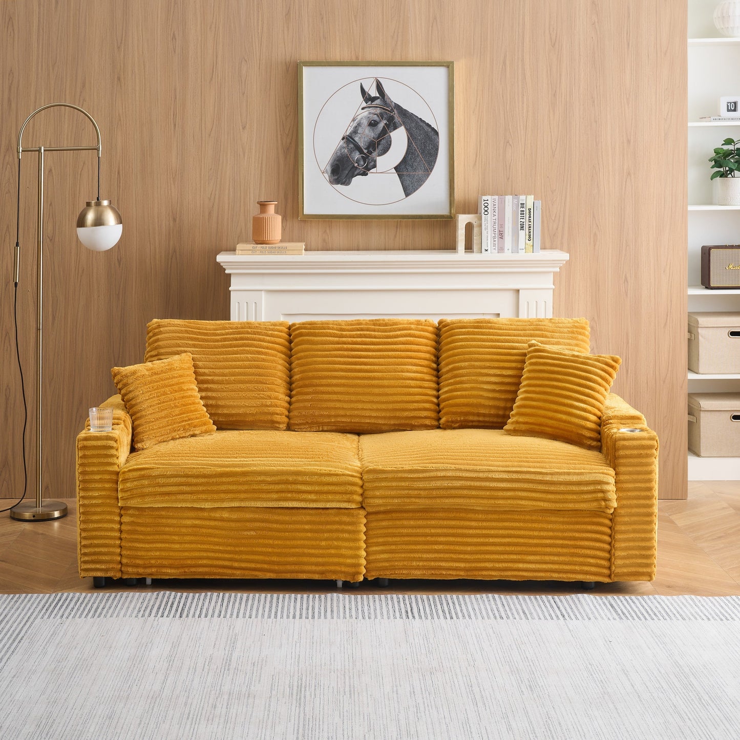 NEW Orange Corduroy Fabric 80 inch Two-in-One Pull-Out Sofa Foldable and Hidden Reclining Function