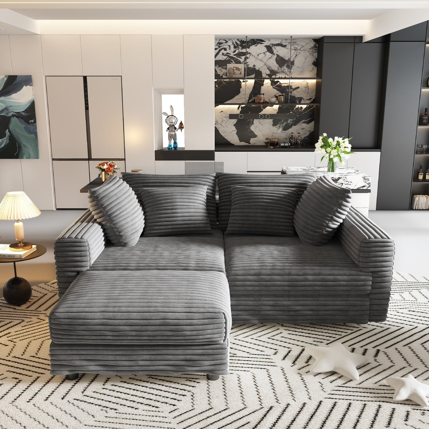 NEW 104.3' Modern Grey Convertible Lounge Chair Comfy Upholstered Plush Corduroy 4-Seat Sofa Cloud Deep Seat Couch with Soft Pillows and 2 Ottomans