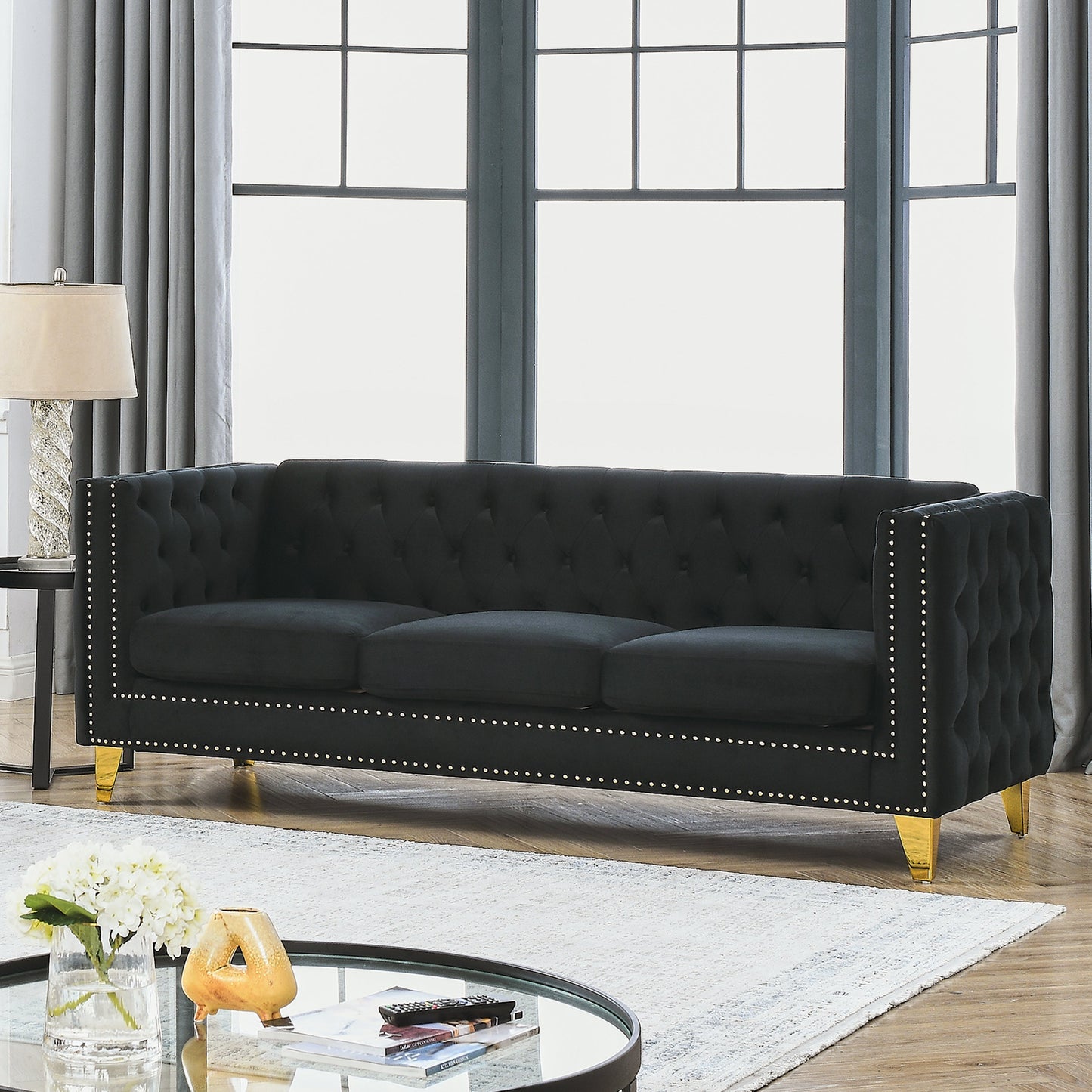 NEW Black Velvet Tufted Button Square Arm Modern Couch Sofa with Metal Legs