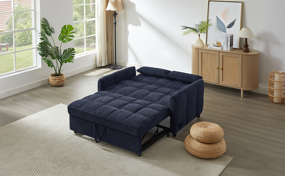NEW Modern Loveseat Sofa Pull-out Bed with Adjustable Backrest, USB Ports, Lumbar Pillows, Blue Chenille, 52.8'