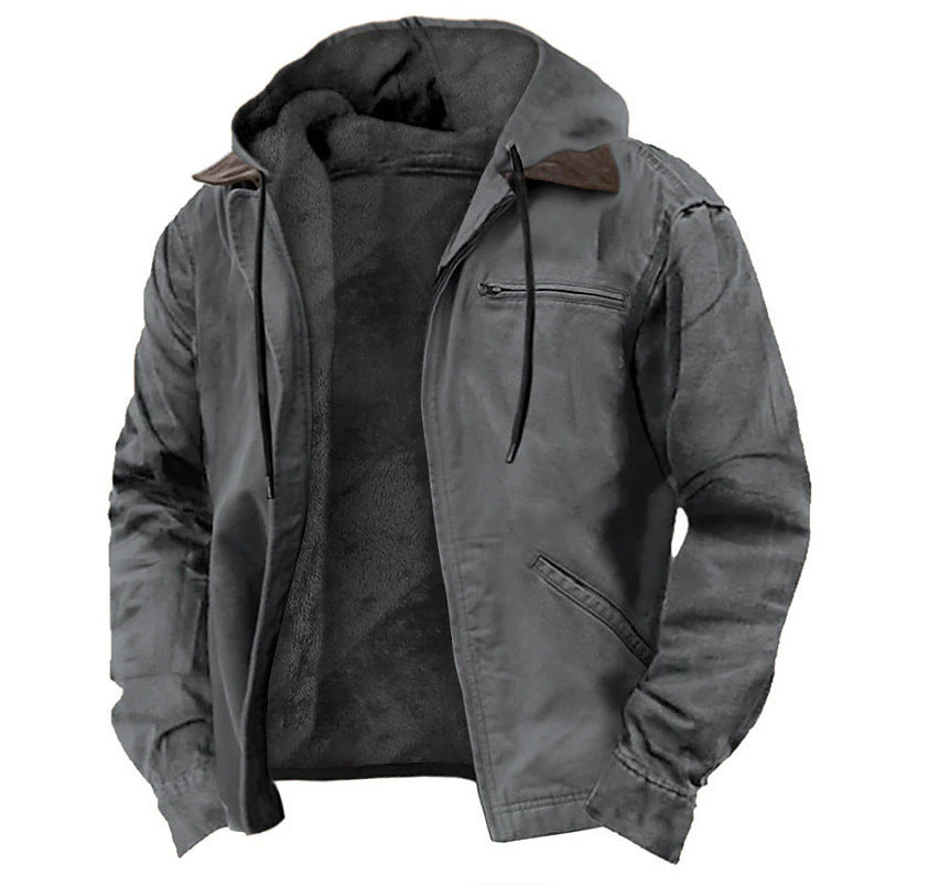 New Winter Hooded Coat With Pockets Fashion Warm Fleece Zip-up Jacket Casual Outwear Men's Clothing