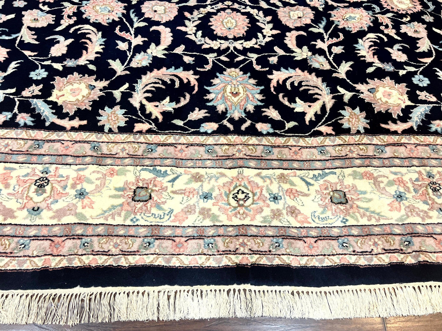USED Indo Persian Rug 9x12, Navy Blue and Ivory/Cream, Floral Allover, Wool Vintage Handmade Carpet