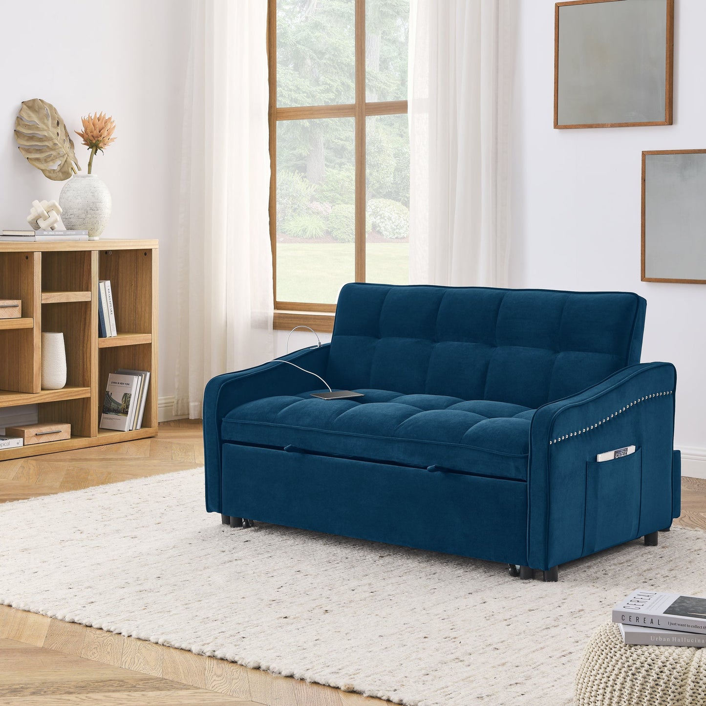 NEW Blue Copper Nail Loveseat Sofa Bed with Pull-out Bed with Adjustable Back Two Arm Pocket TypeC and USB Charging