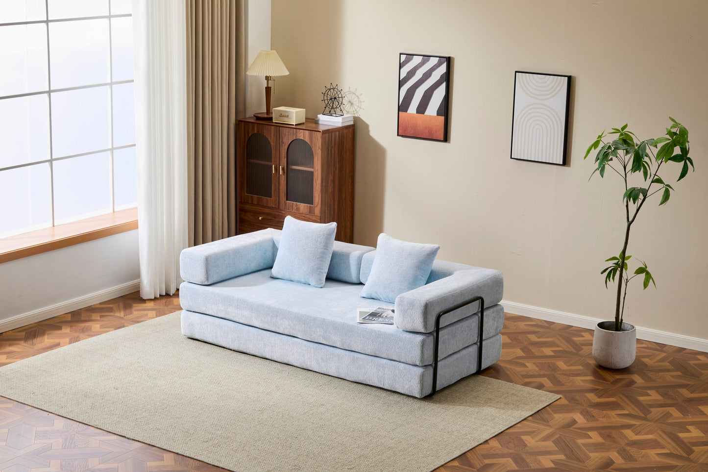 NEW Light Blue Chenille Fabric Floor Couch Compression Convertible Sofa Bed with Pillow Back Support Armrest Comfy Futon Couch Lounge Sleeper Bed