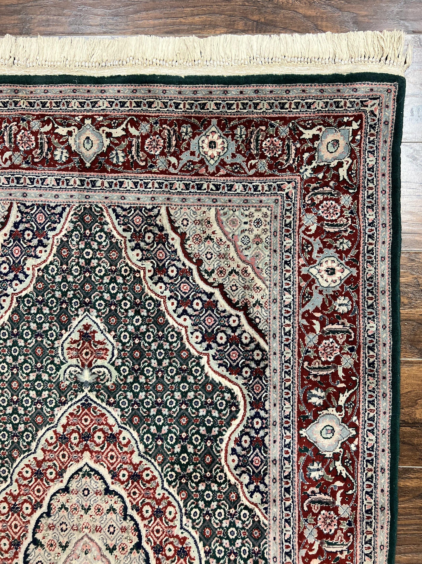 USED Sino Persian Rug 4x6, Wool with Silk Highlights, Fine Hand Knotted Carpet, Green & Maroon Red, Herati Medallion, Vintage Rug