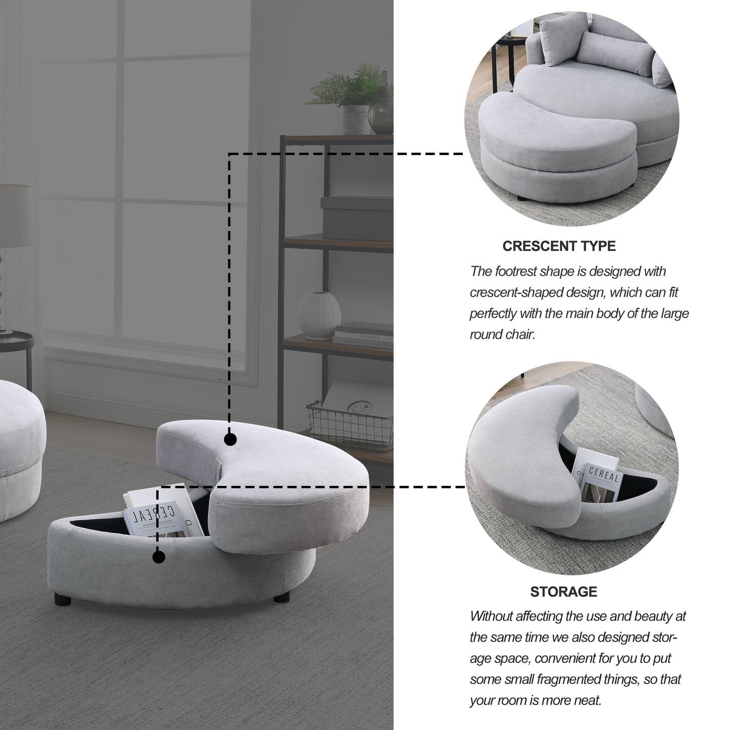 NEW We Like Swivel Accent Barrel Modern Grey Sofa Lounge Club Big Round Chair with Storage Ottoman Linen Fabric with Pillows