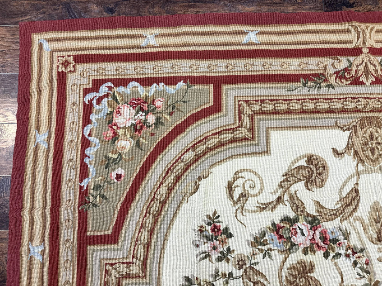 USED Aubusson Needlepoint Rug 9x11, Handmade Vintage Wool Flatweave Carpet, Elegant European Rug, Floral, Cream