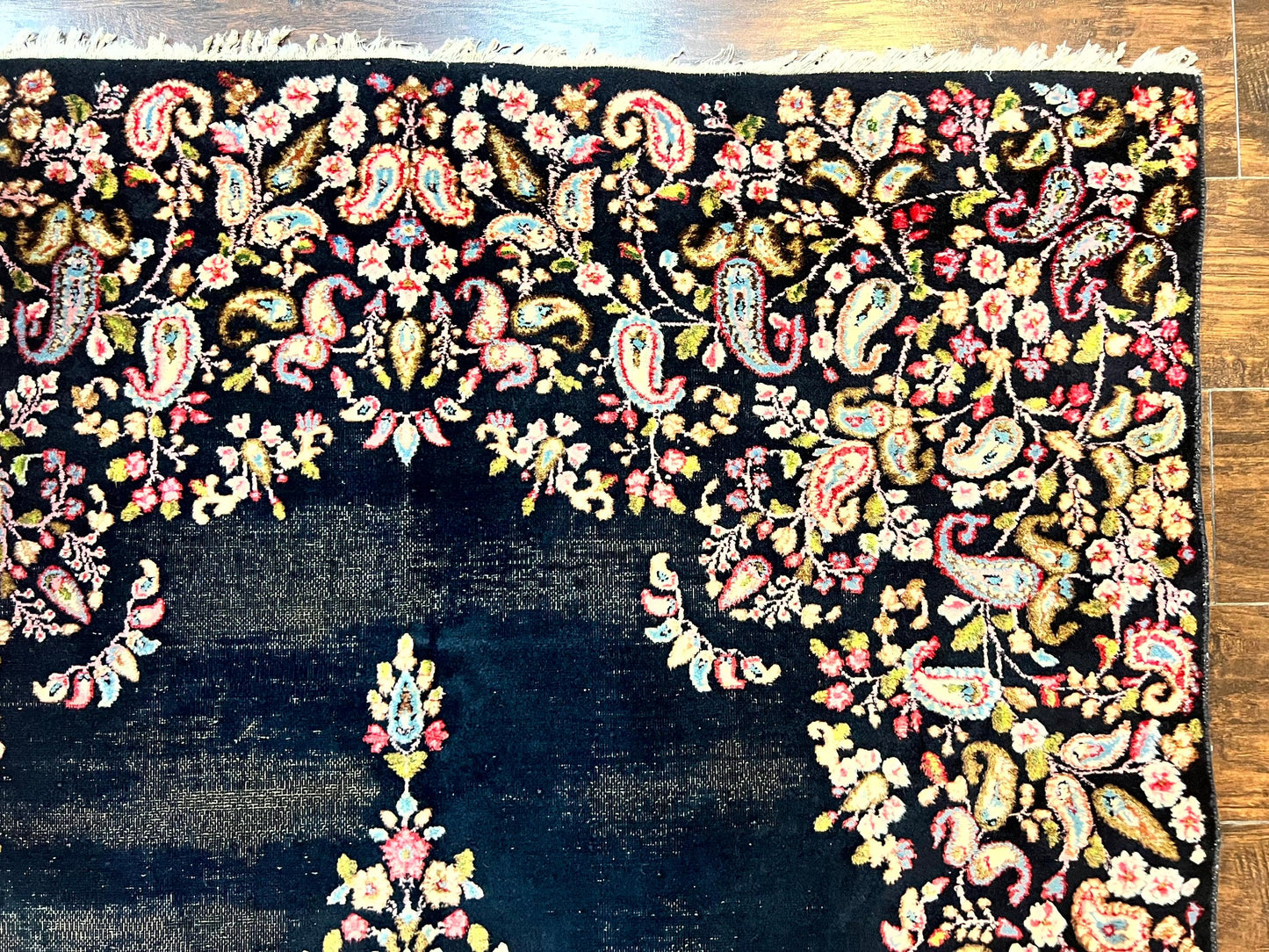 USED Antique Persian Kirman Rug 5x8, Floral Kirman, Midnight Blue/Black, Semi Open Field, Handmade Vintage Wool Carpet