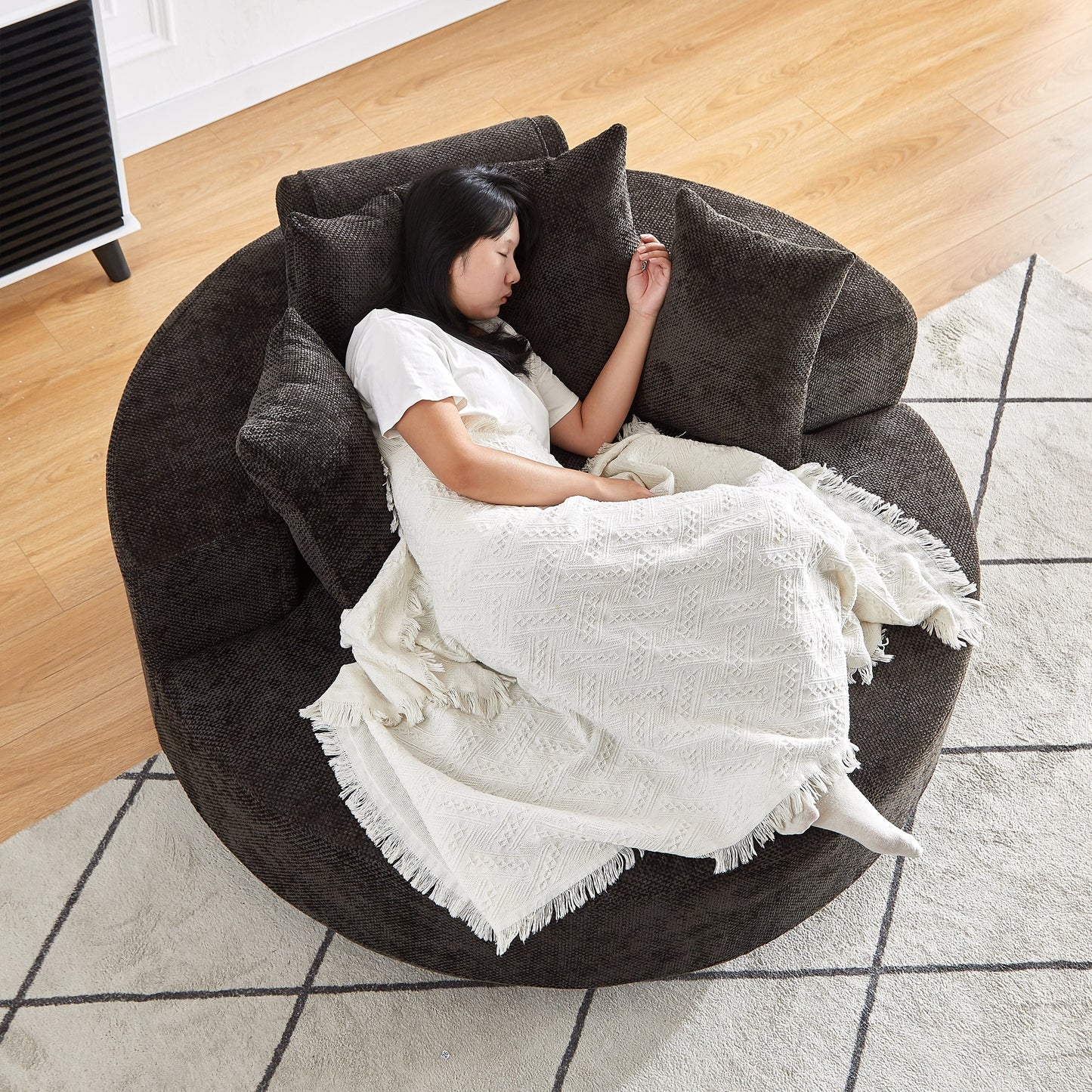 NEW 55''L Chenille Foam Single Swivel Chair, Fluffy Modern Sleeper, 360 Degree Swivel Chair for Living Room, Bedroom, Lounge and Projection Room