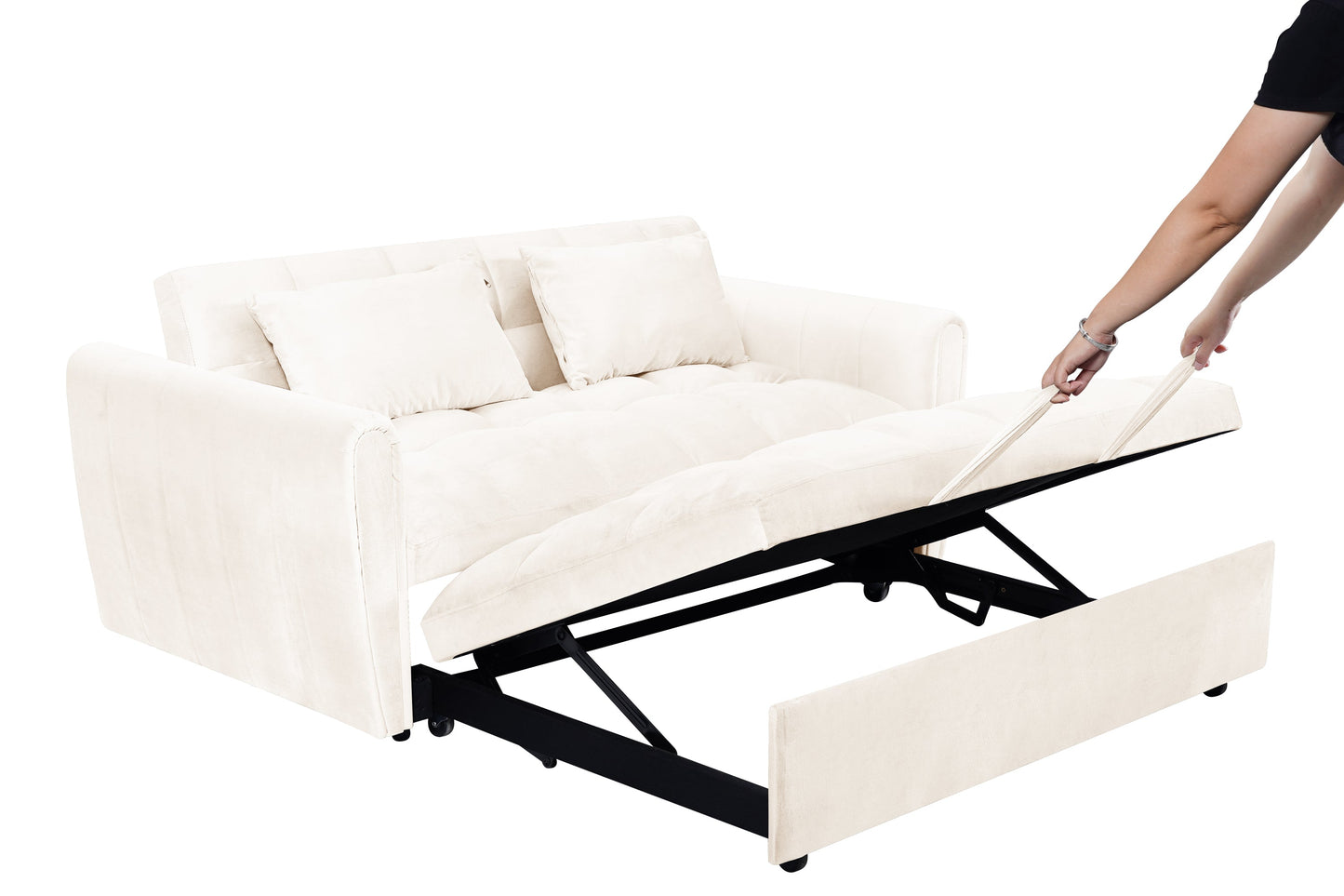 NEW 65'3-in-1 foldable large size sofa bed, modern velvet double sofa, sofa bed with adjustable back, storage bag and pillow, suitable for living room, bedroom (beige)