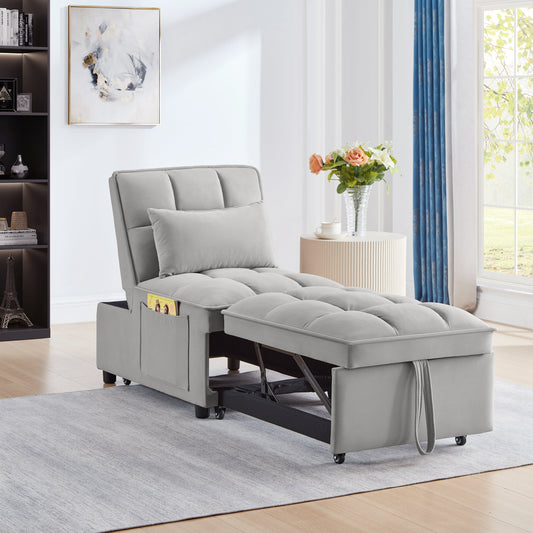 NEW 4 in 1 Multi-Function Grey Tufted Single Convertible Chaise Lounge Pull-Out Sofa Bed with Storage Pockets with Adjustable Backrest and Pillows