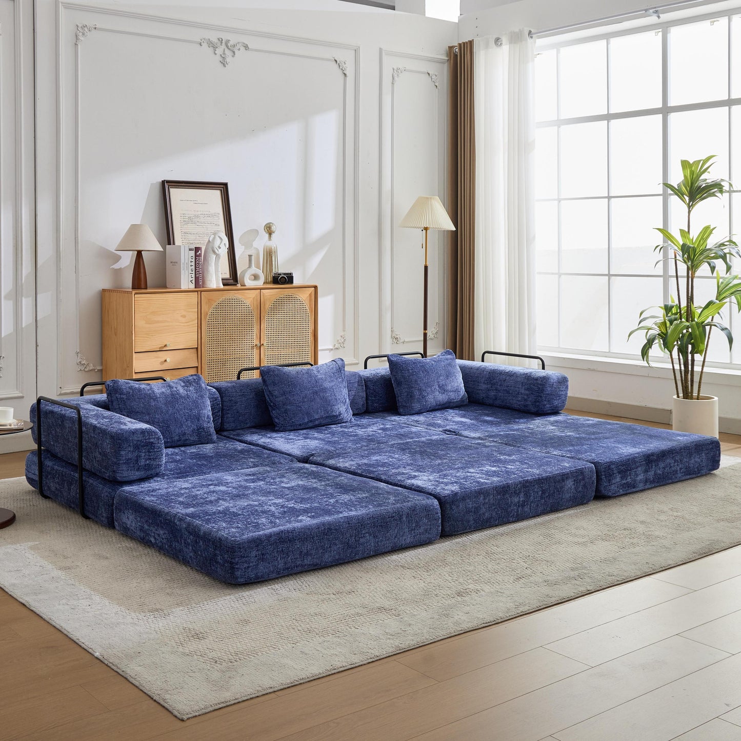 NEW Dark Blue Chenille Fabric Compression Convertible Floor Sofa Bed with Fixed-Shape Frame Boneless Modular Sectional Couch