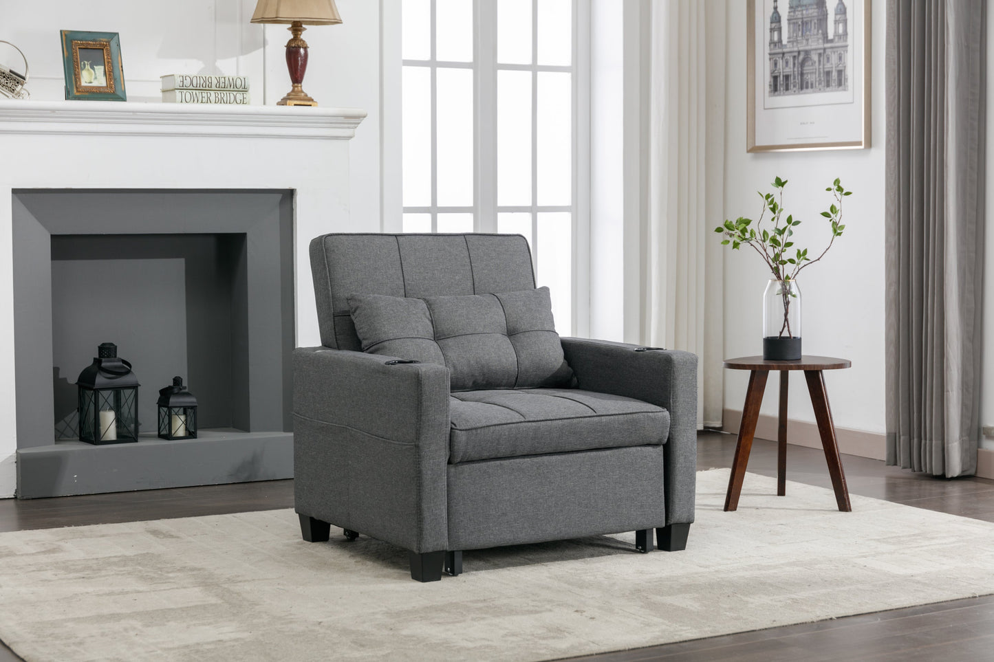 NEW Dark Grey Linen Futon Bed Convertible Chair 3-in-1 Pull Out Sleeper