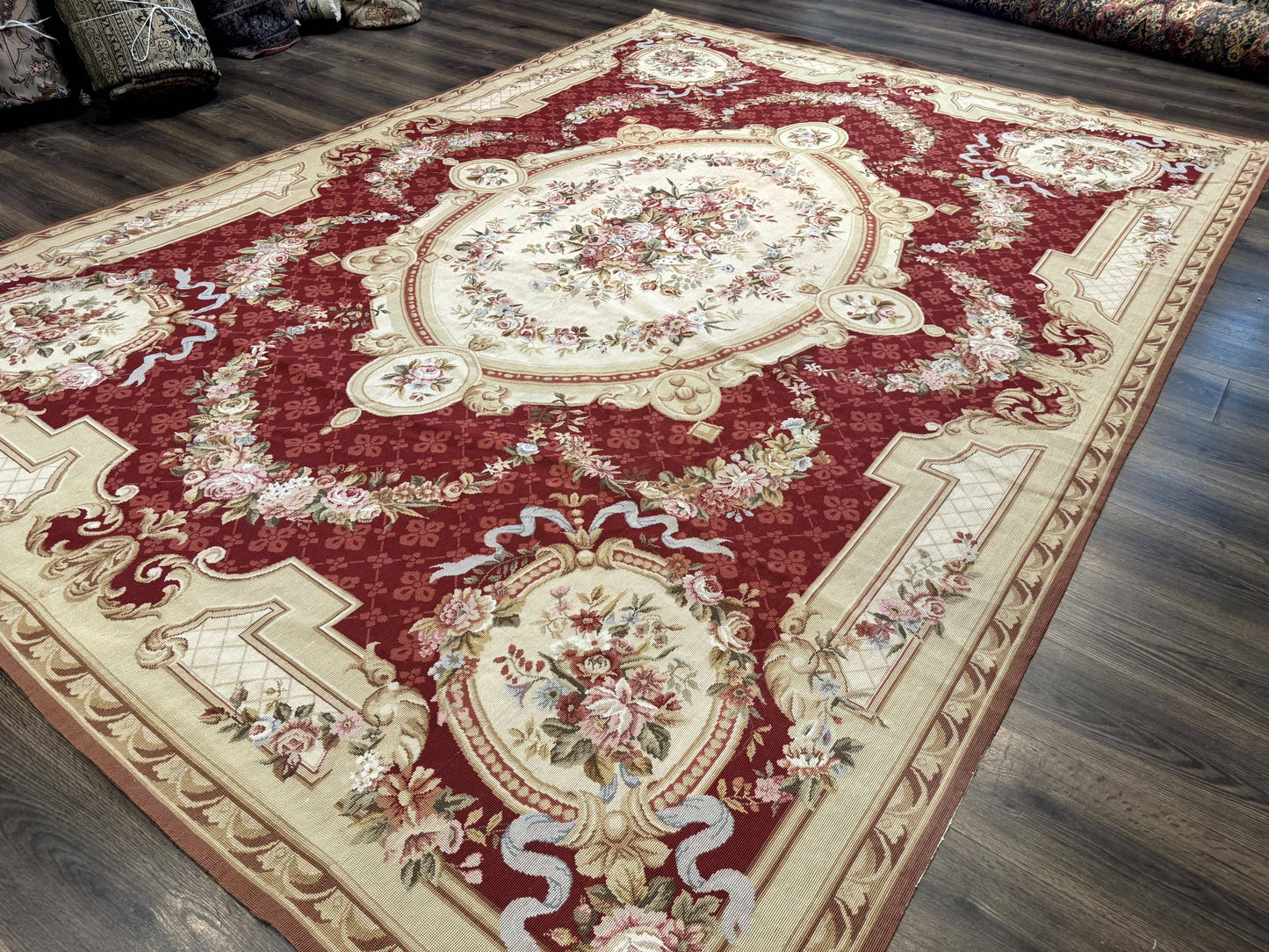 USED Aubusson Rug 8x11, Needlepoint Carpet, Red Ivory Beige, Vintage, French European Design