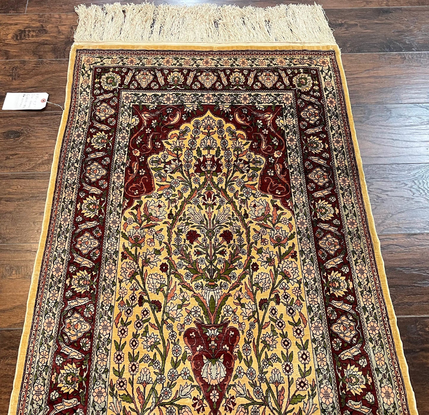 USED Wonderful Silk Turkish Hereke Prayer Rug 2.8 x 4.5, Tree of Life Design, Signature from Master Weaver, Gold and Burgundy, Handmade, 625 KPSI