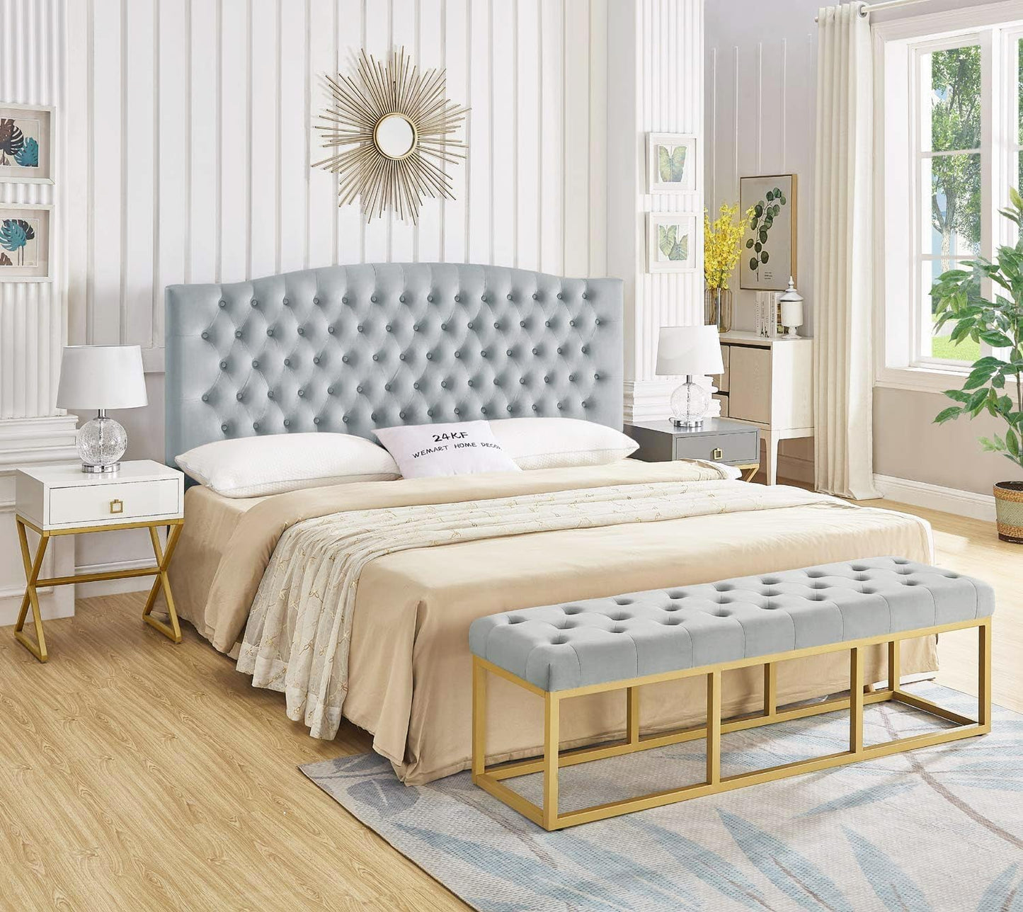 NEW Velvet Tufted King Headboard Stylish Comfortable Gray Design