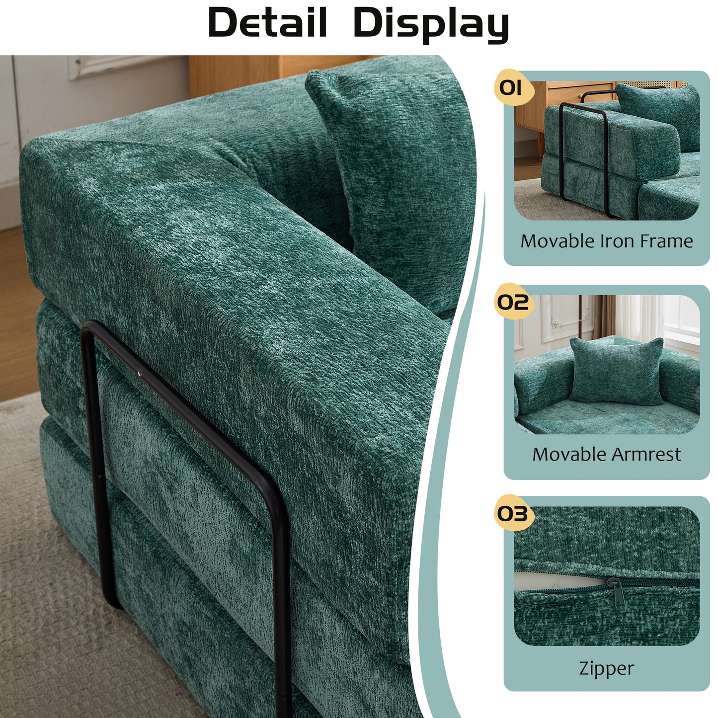 NEW Dark Green Chenille Fabric Compression Convertible Floor Sofa Bed