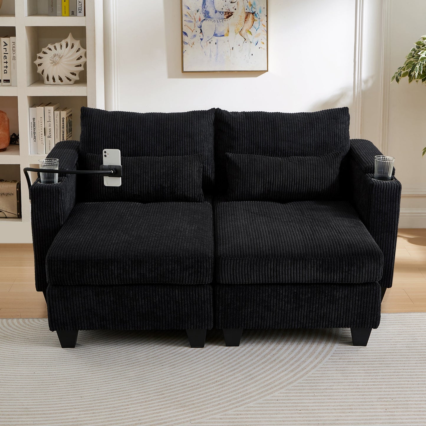 NEW Convertible Chaise Lounge 63' Loveseat Sofa Bed with USB Ports, Cup Holders, Phone Holder & Storage, Black Corduroy