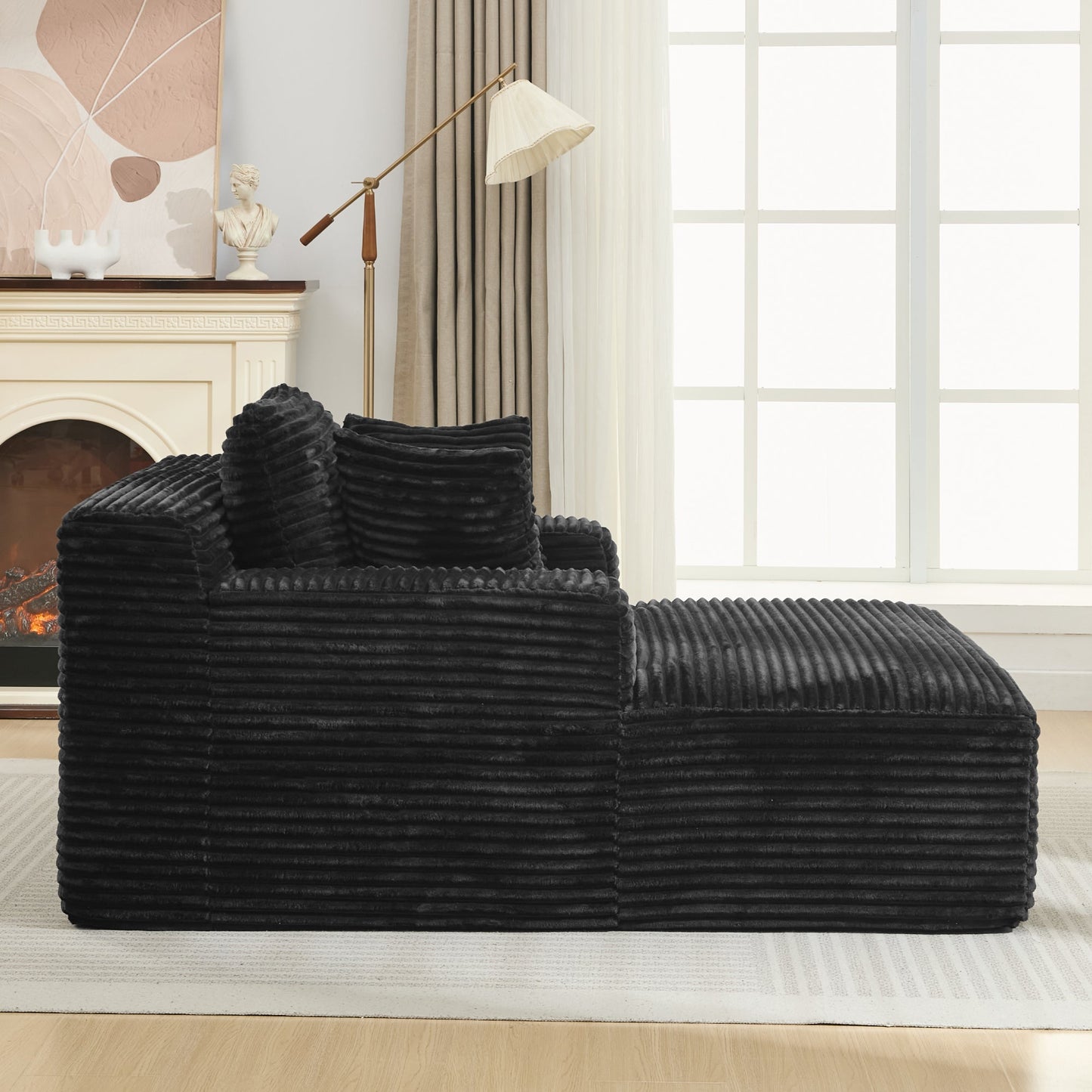 NEW Modern Black Corduroy Chaise Lounge Sofa Bed with Removable Pillows, 48.8' Upholstered Sleeper Sofa
