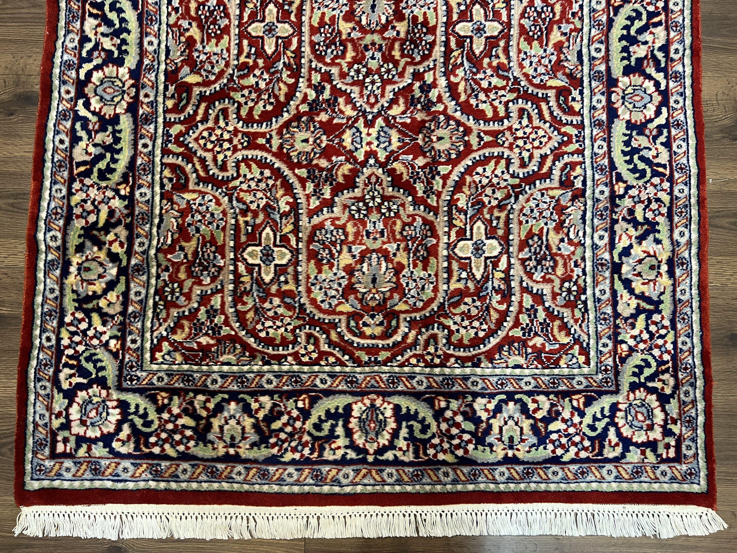 USED Indo Persian Rug 4x7, Allover Floral Oriental Carpet, Red and Navy Blue, Hand Knotted Indian Kashmiri Traditional Vintage Area Rug 4 x 7 ft