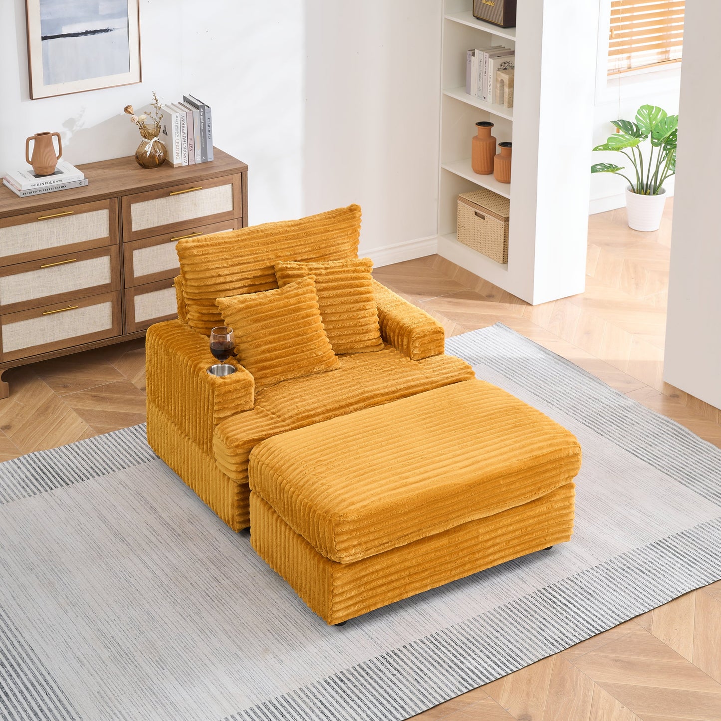 NEW 39-inch Corduroy Fabric Spring Upholstered Comfortable Single Sofa Armchair and Ottoman Set with Cup Holder