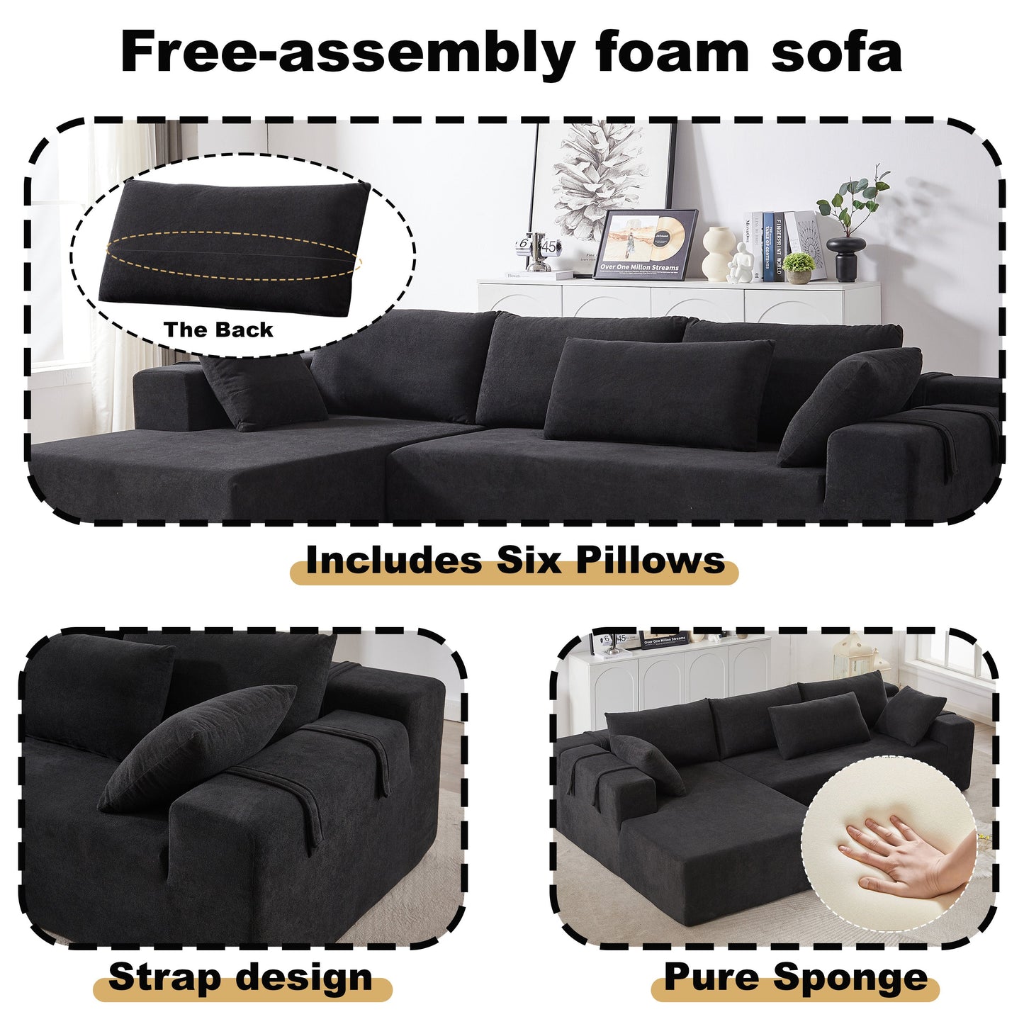 NEW Modern Chenille Free Combination Upholstered Sectional Sofa Couch Set,Modular 108' L Shaped Sectional Living Room Sofa Set With 6 Pillows